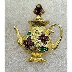 Vintage Coro Like Rhinestone Enamel Teapot Coffee Pot Gold Tone Pin Unsigned